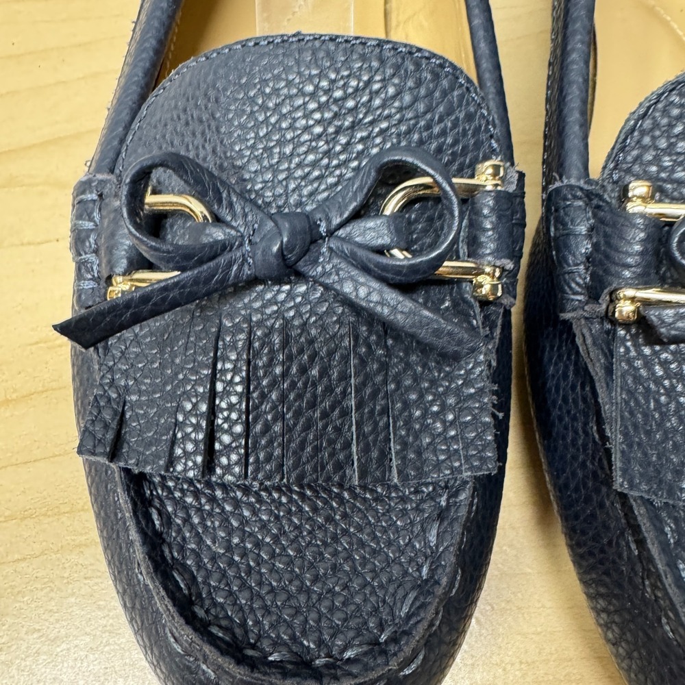 Talbots Slip On Loafers, Size 7 Navy Blue Pebbled Leather Fringe Driving Mocs - Picture 2 of 8